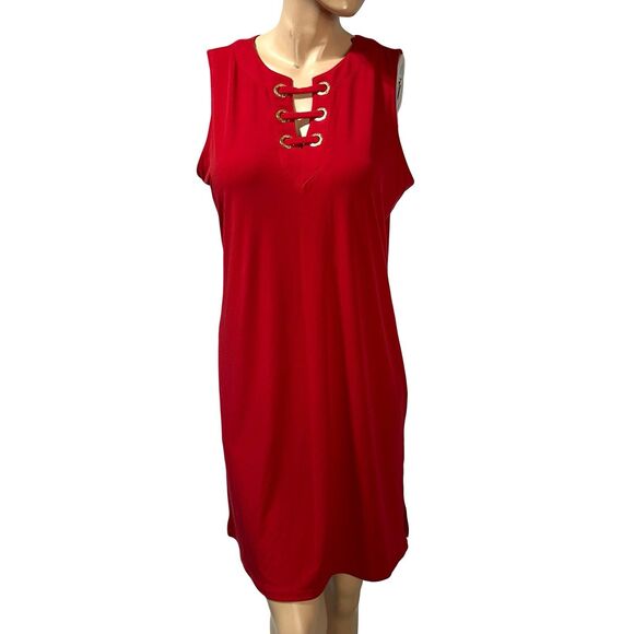 Michael Kors womens dress Red size L Logo  Lace Up Neck Sleeveless Shift NWT - Picture 1 of 9